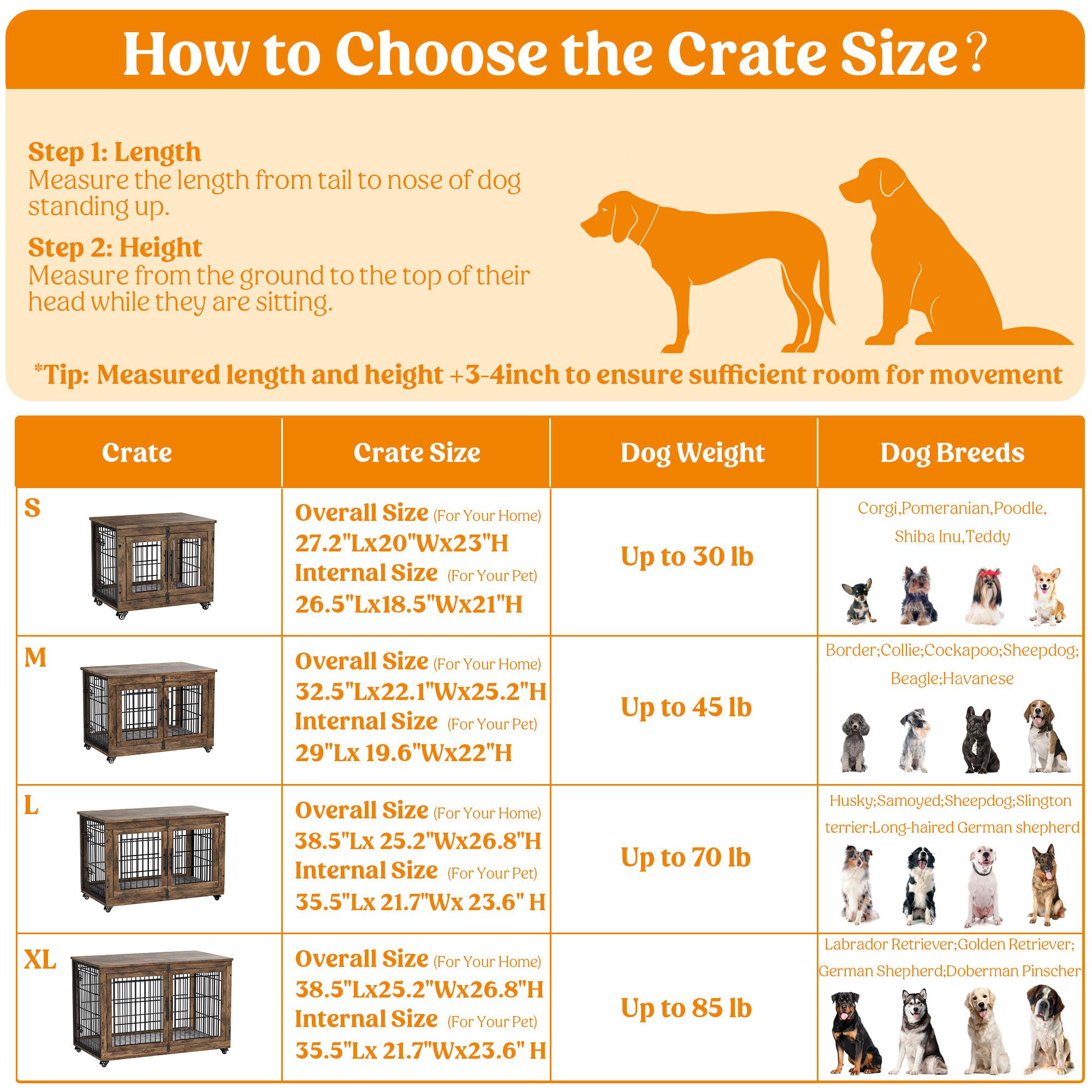 Aowos Wooden Dog Crate Furniture, Stylish Dogs Kennel for Small to Extra Large, Double Door & A Cushion & 360° Wheel, Single Door & 2 Bowels, 27''/32''/38''/44'', Metal, Chew-Proof Design, Dog Cage