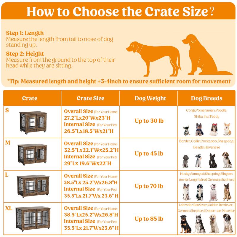 Aowos Wooden Dog Crate Furniture, Stylish Dogs Kennel for Small to Extra Large, Double Door & A Cushion & 360° Wheel, Single Door & 2 Bowels, 27''/32''/38''/44'', Metal, Chew-Proof Design, Dog Cage