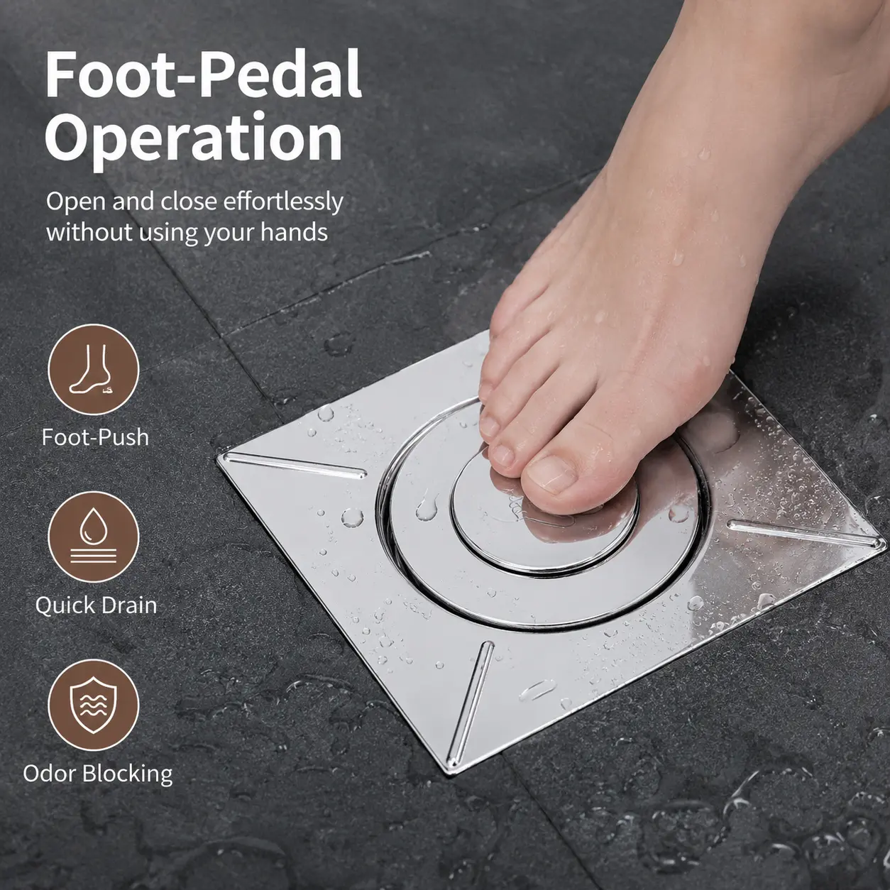 1 Piece Foot Press Stainless Steel Floor Drain Pop-up Core, Fast Draining Odor Sealing Replacement for Household Bathroom Square Floor Drains