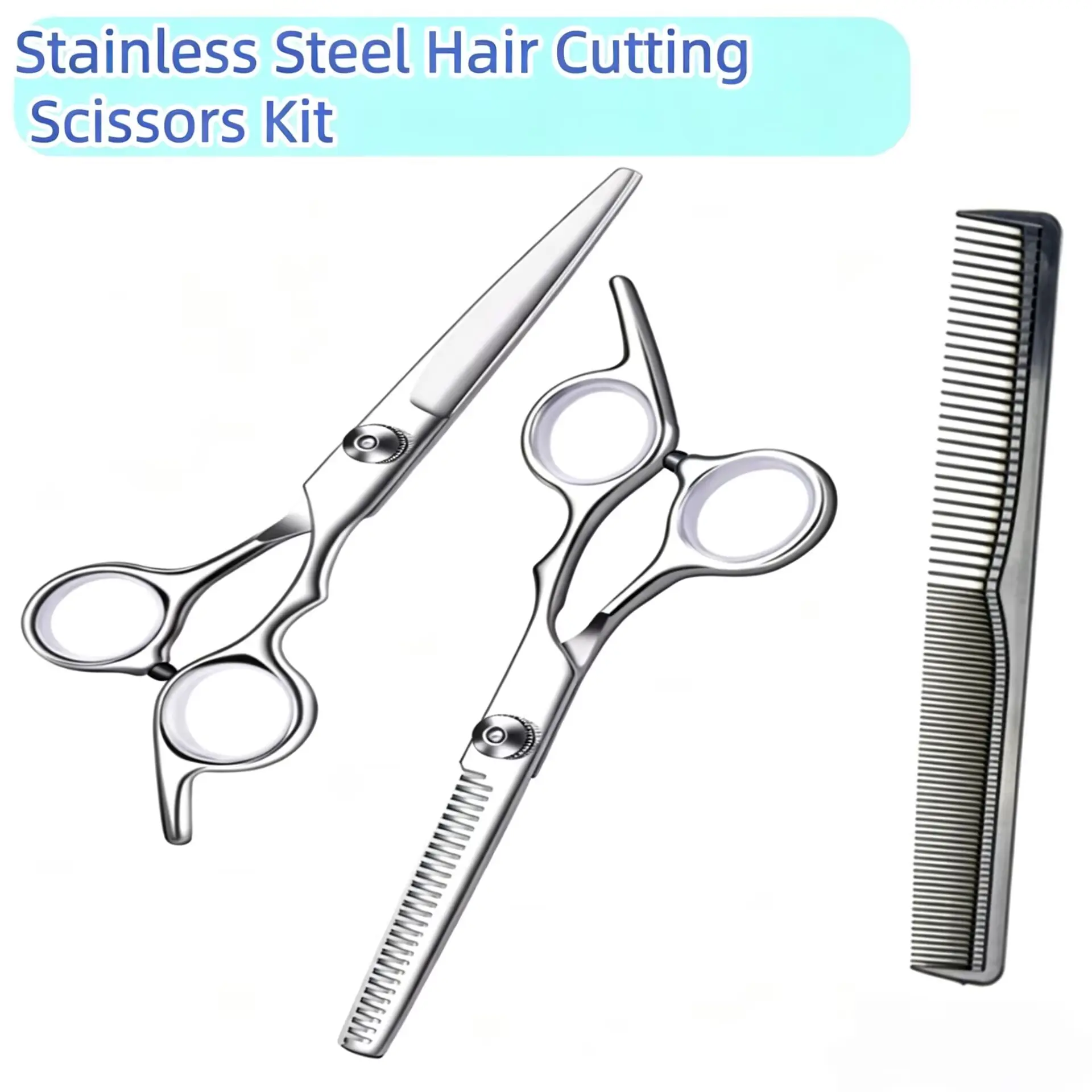 16cm Unisex Professional Stainless Steel Hair Cutting Scissors Kit - Curly Hair Compatible, Dual-Ended Comb, Sharp Anti-Snag Straight & Thinning Blades, Adjustable Tension, Shock-Absorbent Handle, for Adult Salon & Home Use