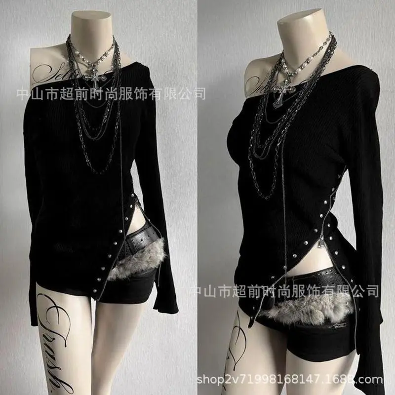 Womenswear Women's Dark Knit Off-Shoulder Long-Sleeve Pullover - Y2K Punk Chic, Metal Rivet Side Cutouts, High-Low Uneven Hem, Slim Fit, Sexy Night Out Layer Top