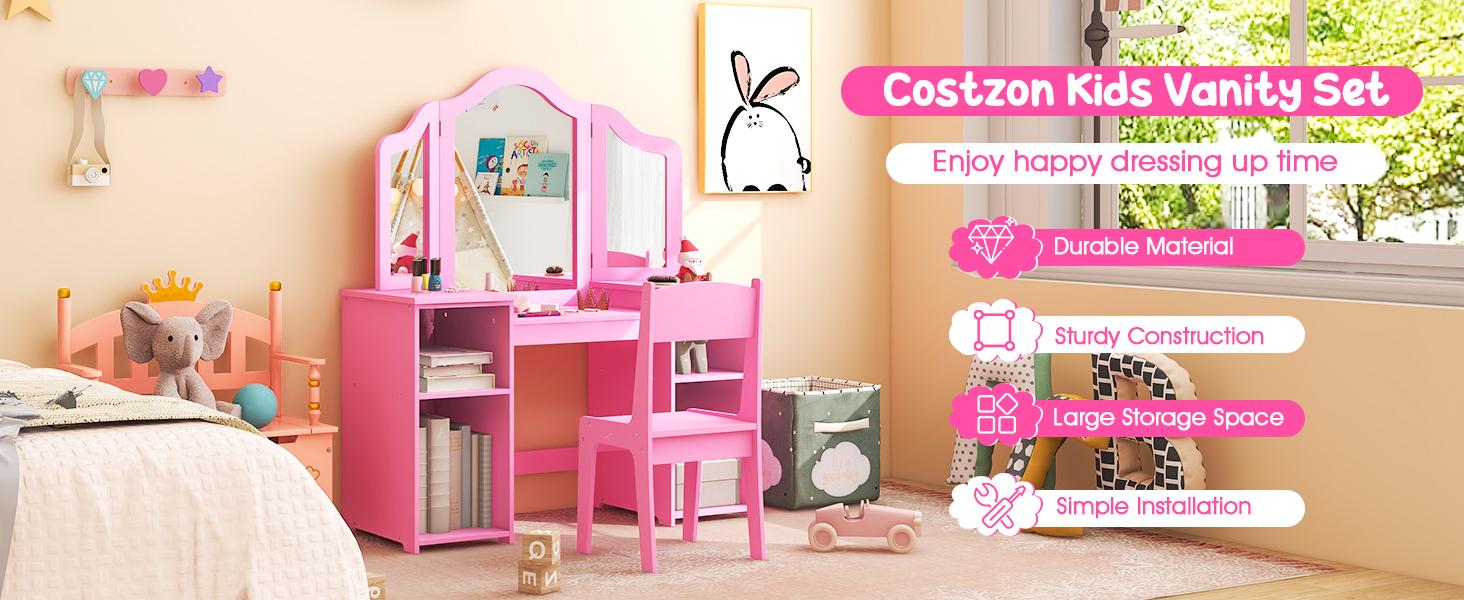 Costzon Kids 2-in-1 Princess Vanity, Kids Vanity, Wooden Vanity Table with Stool & Drawer, Removable Top, Princess Pretend Playset for Little Girls,Father's Day Gift