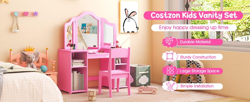 Costzon Kids 2-in-1 Princess Vanity, Kids Vanity, Wooden Vanity Table with Stool & Drawer, Removable Top, Princess Pretend Playset for Little Girls,Father's Day Gift