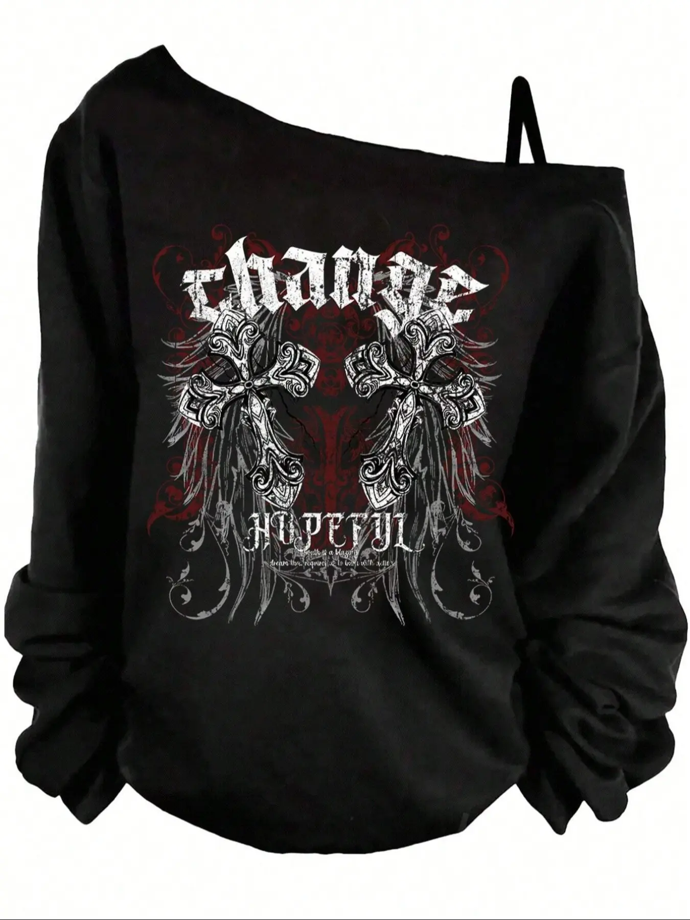 Y2K Goth Aesthetic Double Cross Graphic Oversized Long-Sleeve Black Pullover Sweatshirt, Edgy Dark Vibe Print Top, Grunge Streetwear for Women, Gothic Street Style, Comfort Soft Fabric Casual Daily, Party Outfit, Loose Fit Y2K Alt Fashion Dark Academia