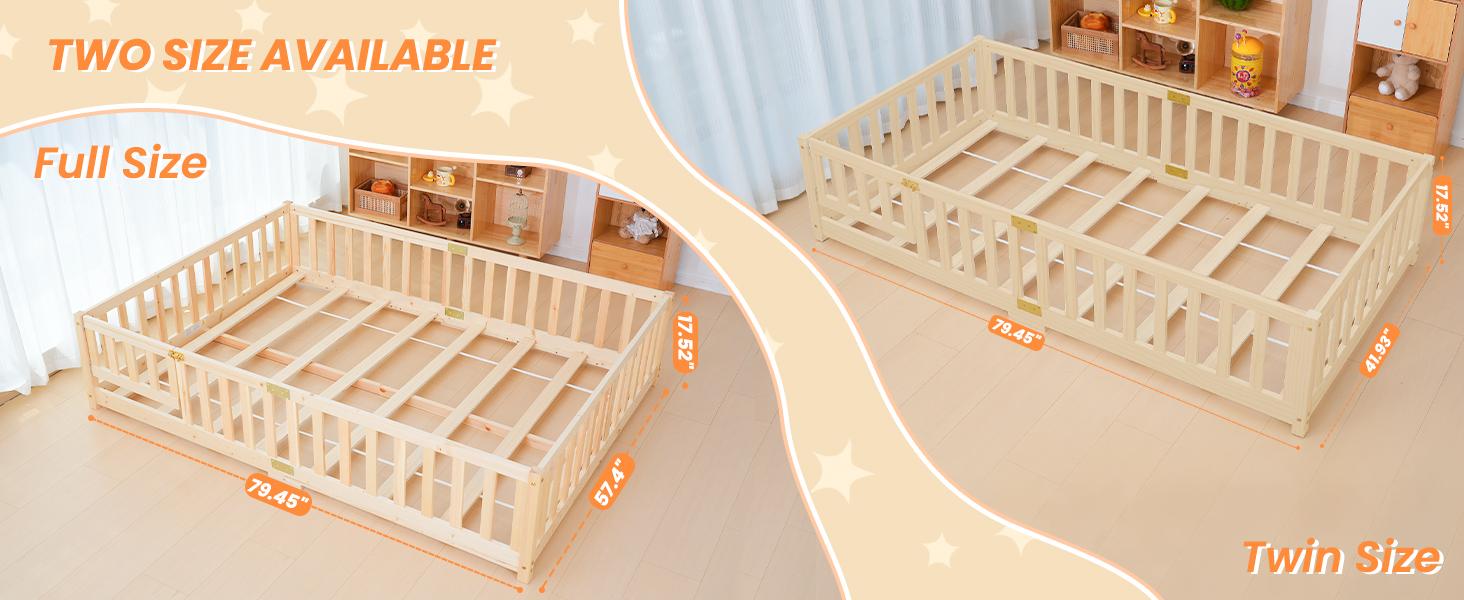 Naudacaa Twin/Full Size Montessori Floor Bed for Kids Solid Wood Frame with Fence Door & Safety Guardrails CPC Certified