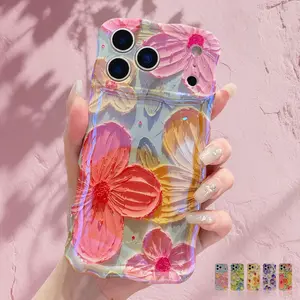 [Free!!Ship!] Retro Colorful Flower Case for iPhone 17 Pro Max 16 Plus 15 14 13 Laser Glossy Cute Curly Wave Frame Shockproof Protective Phone Cover