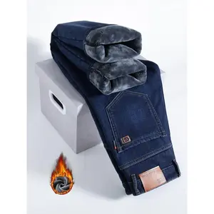 Men's wool lined senior jeans, loose straight leg pants, cotton plastic warm winter clothes, autumn and winter casual clothes