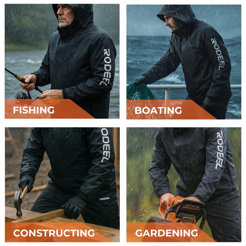 RODEEL 704 Premium Waterproof Jacket w/ Foldable Hood Men Lightweight Breathable Hooded Rainwear Durable Rain Coat Weatherproof Windbreaker For Outdoor Camping Fishing Boating Construction Roofing Landscaping Gardening Menswear, Holiday Gift