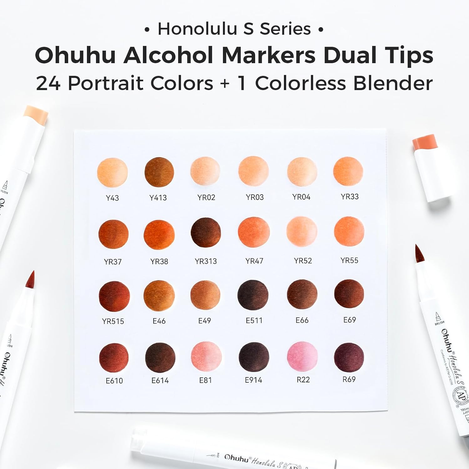 Ohuhu Soft Chisel Alcohol Markers Red Dot Design Award Winner Brush & Soft Chisel Dual Tips Drawing Markers for Artist Beginner Adult Coloring Illustration Sketching -Honolulu S - 24 skin-tone / 48 basic tone / 60 Illustration-color