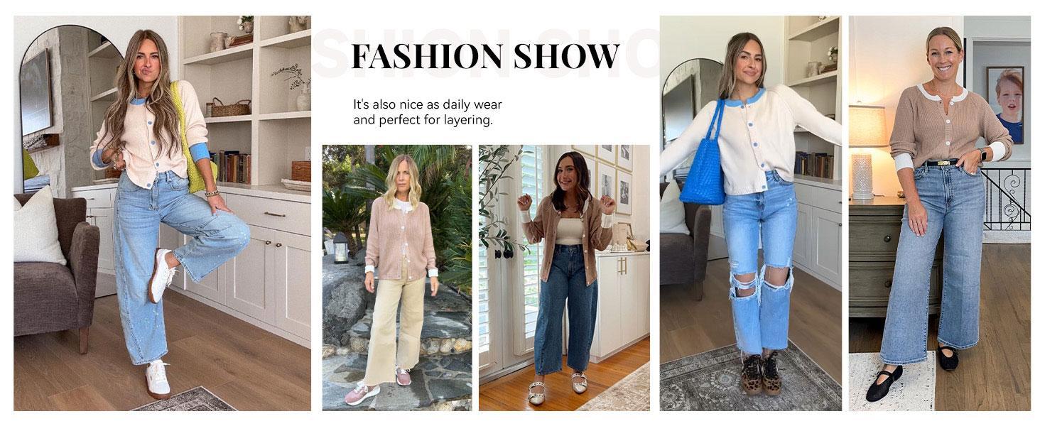 JovenPara Womens Color Block Cardigan Sweaters Cropped Long Sleeve Button Down Knited Wear