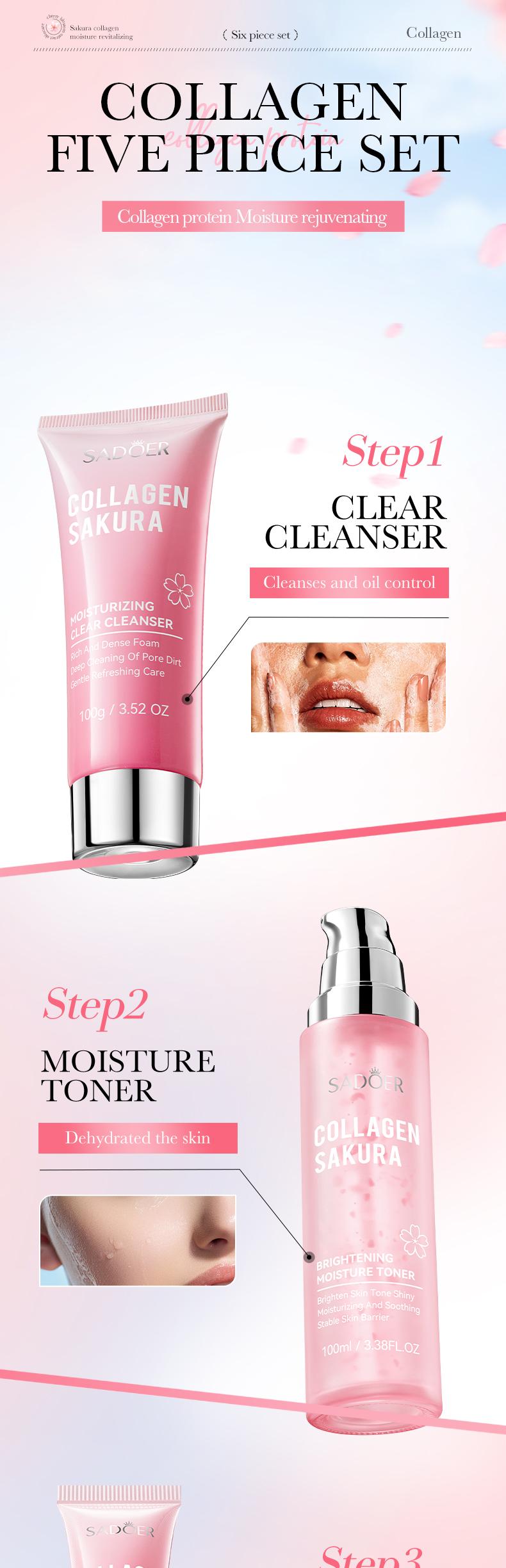 Collagen Sakura Moisturizing Revitalizing Six Piece Set - Hydrating Skin Care Kits for Radiant Glow & Plump Smooth Skin