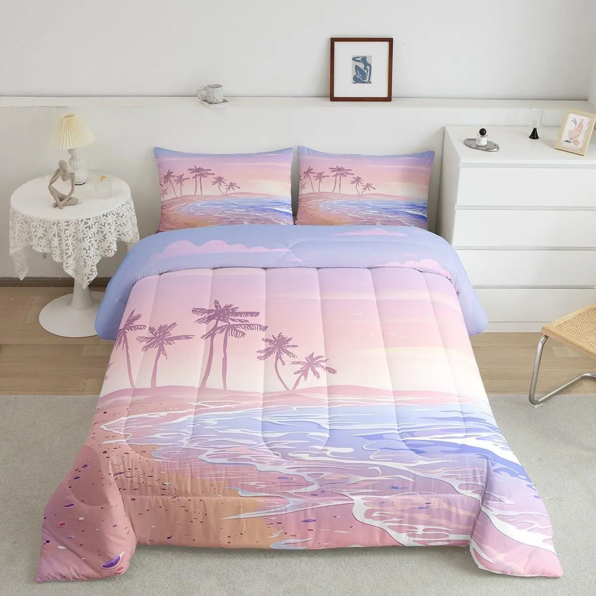 Pink Beach Comforter Set,Coconut Tree Bedding Set Bedroom Decor,Ramantic Hawaii Sea Style Quilt Set Sweet Summer Ocean Duvet Insert,Pillowcases
