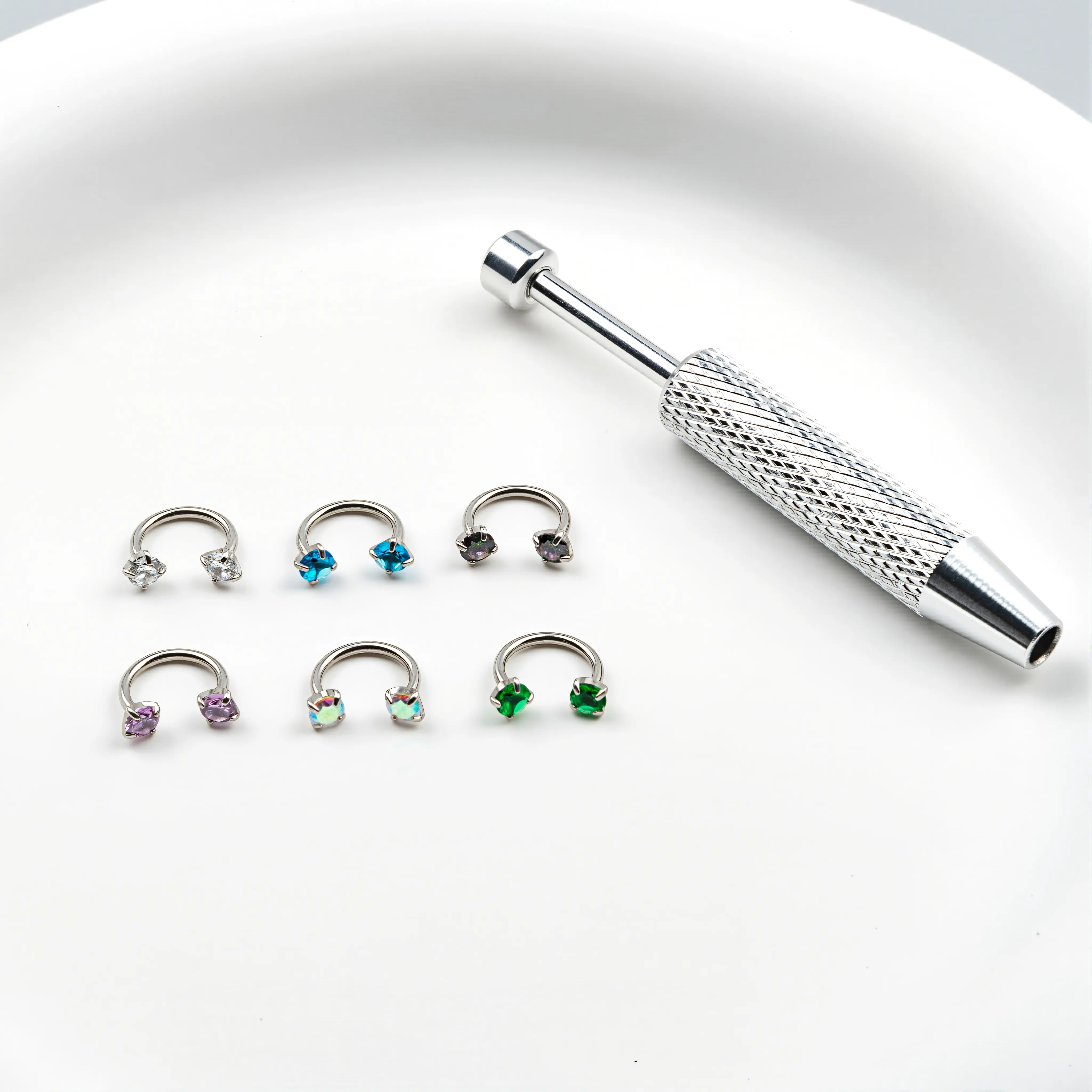 6pcs Value Pack 316L medical-grade titanium steel 18G 1.0mm Horseshoe Nose Hoop Internally Threaded Gems Nose Ring with Free Ball Holder & Guiding Needle