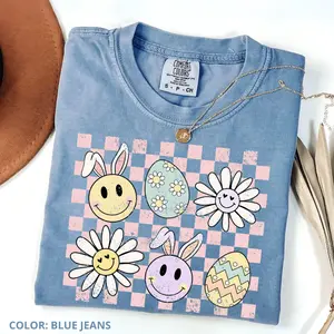 Comfort Colors Checker Bunny Egg Shirt, Easter Bunny Smiley shirt, Easter Day Gift, Retro EasterUnisex tee Trendy TShirts, Unisex Shirt Top Streetwear