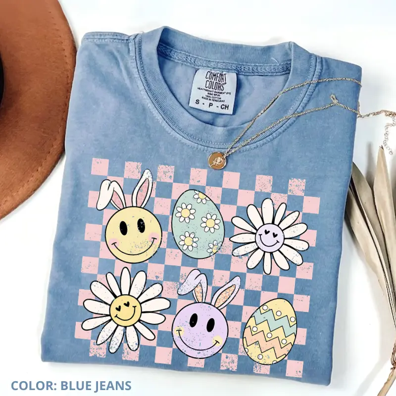 Comfort Colors Checker Bunny Egg Shirt, Easter Bunny Smiley shirt, Easter Day Gift, Retro EasterUnisex tee Trendy TShirts, Unisex Shirt Top Streetwear