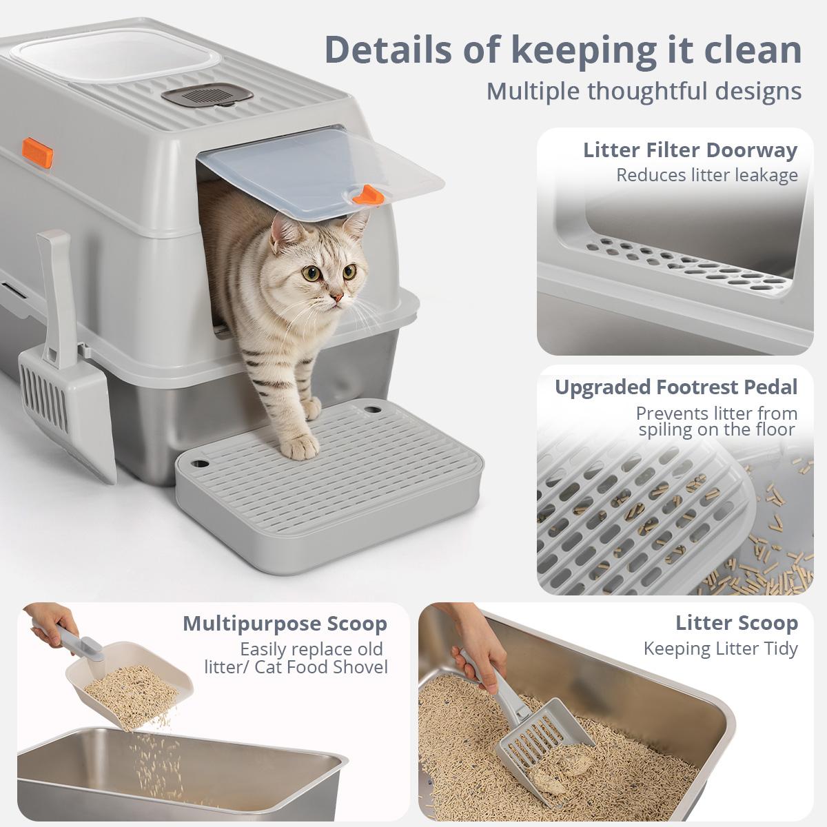DOMIPET 3IN1 Stainless Steel Cat Litter Box 20L with Lid, XL Cat Litter Pan, Enclosed Metal Litter Box with 2x Litter Scoop & Filter Pedal, Front & Top Dual Entry, Large Metal Litter Box High Sided Design,Anti-Urine Leakage, EasyCleaning