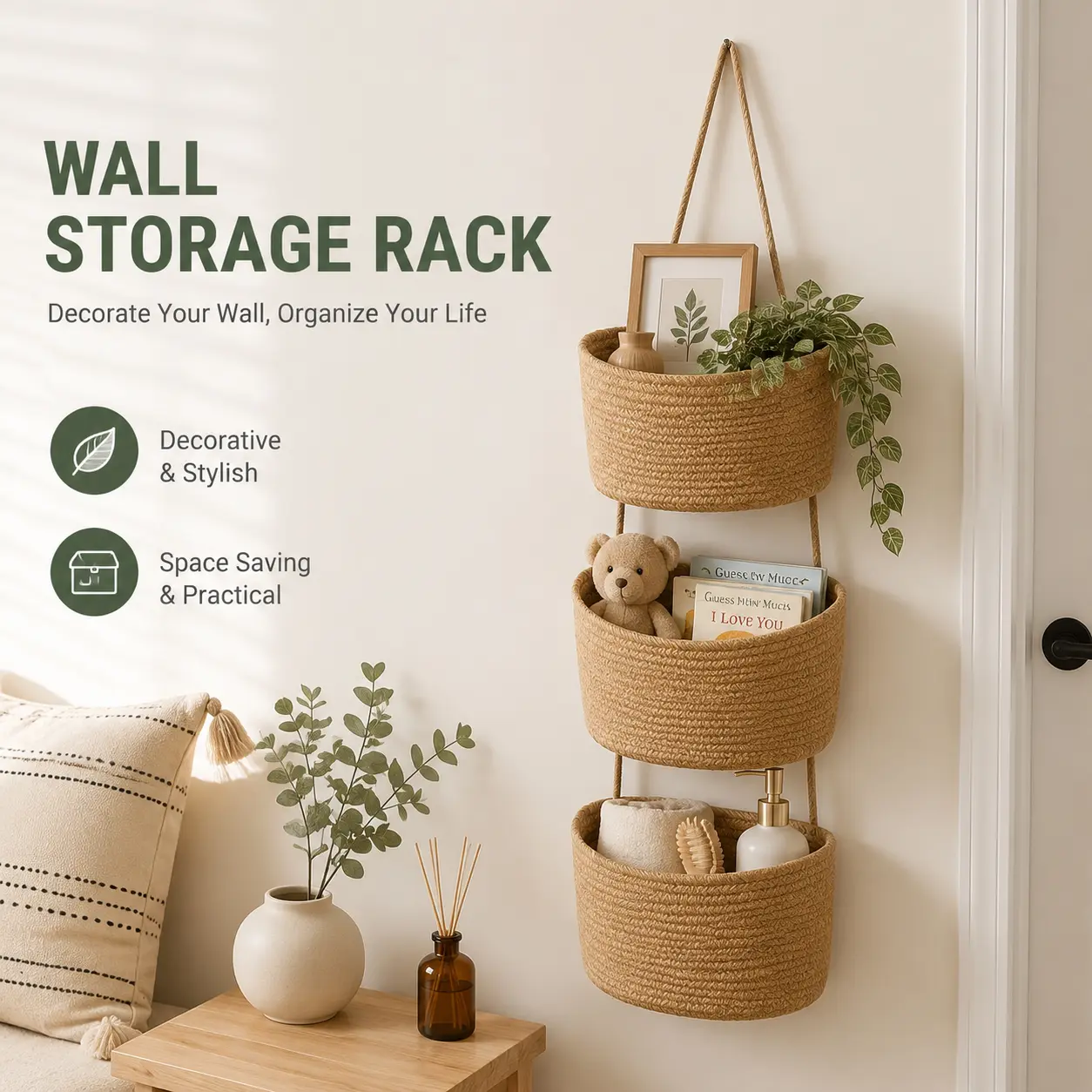 3 Tier Over The Door Hanging Organizer Basket, Boho Woven Storage Bag with Hooks, Cotton Rope Wall Mounted Basket for Bedroom Bathroom Nursery Dorm Room, Decorative Home Storage Holder for Baby Essentials, Toys, Towels, Pantry Items mom busy