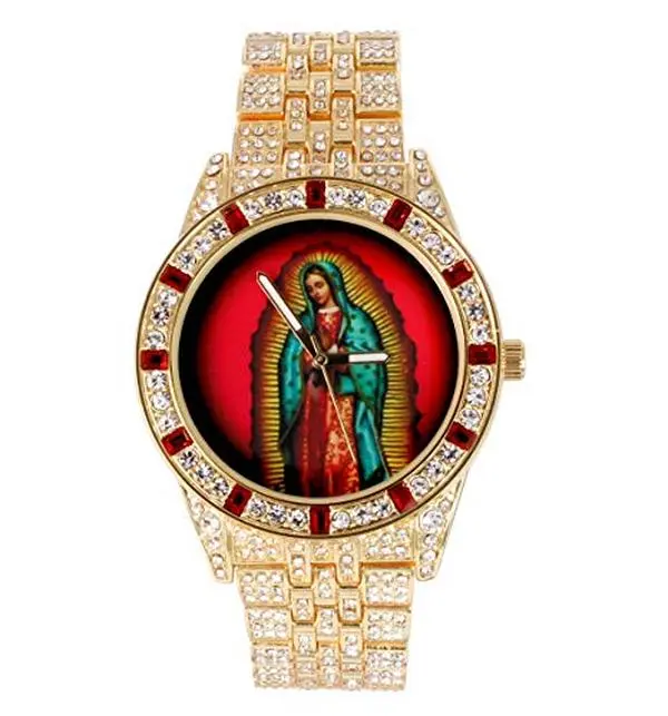 MaxBling81 Unisex Casual Hip Hop Wristwatch, 45mm Iced Out Gold-Silver Plated Watch with Our Lady of Guadalupe Dial and Adjustable Metal Band, Casual Trendy Wristwatch, Fashionable Watch, Round Face, Watches For Women