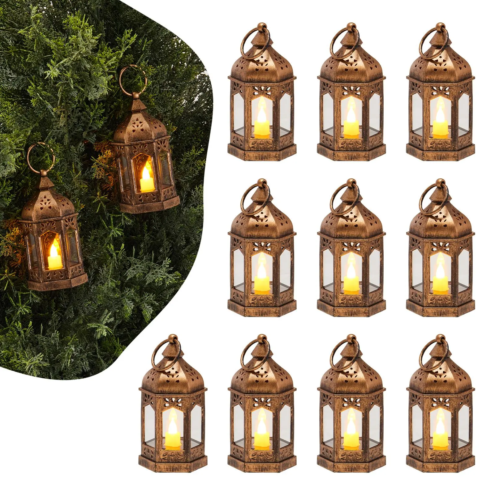 VEVOR 12-Piece Vintage Bronze LED Flameless Candle Taper Lanterns with Glass Walls, 12piece Table Set for Indoor/Outdoor House Decor, Wall Hanging Table Centerpiece (2.56x2.56x5.04in), Decoration Items