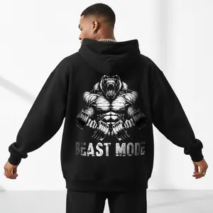 Men's Fitness Strength Beast Mode Gorilla Motif Graphic Black Long Sleeve hoodie , Regular Fit Streetwear Top, Soft Breathable Fabric Durable Digital Print, Y2K Urban Muscular Design Comfortable Machine Washable  for Gym Workouts & Daily Street Styl