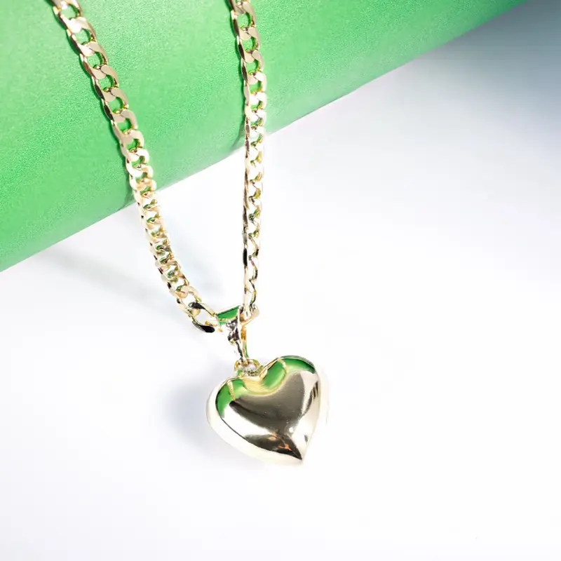 14K Gold Plated Heart Pendant Necklace Set – 3MM Cuban Chain