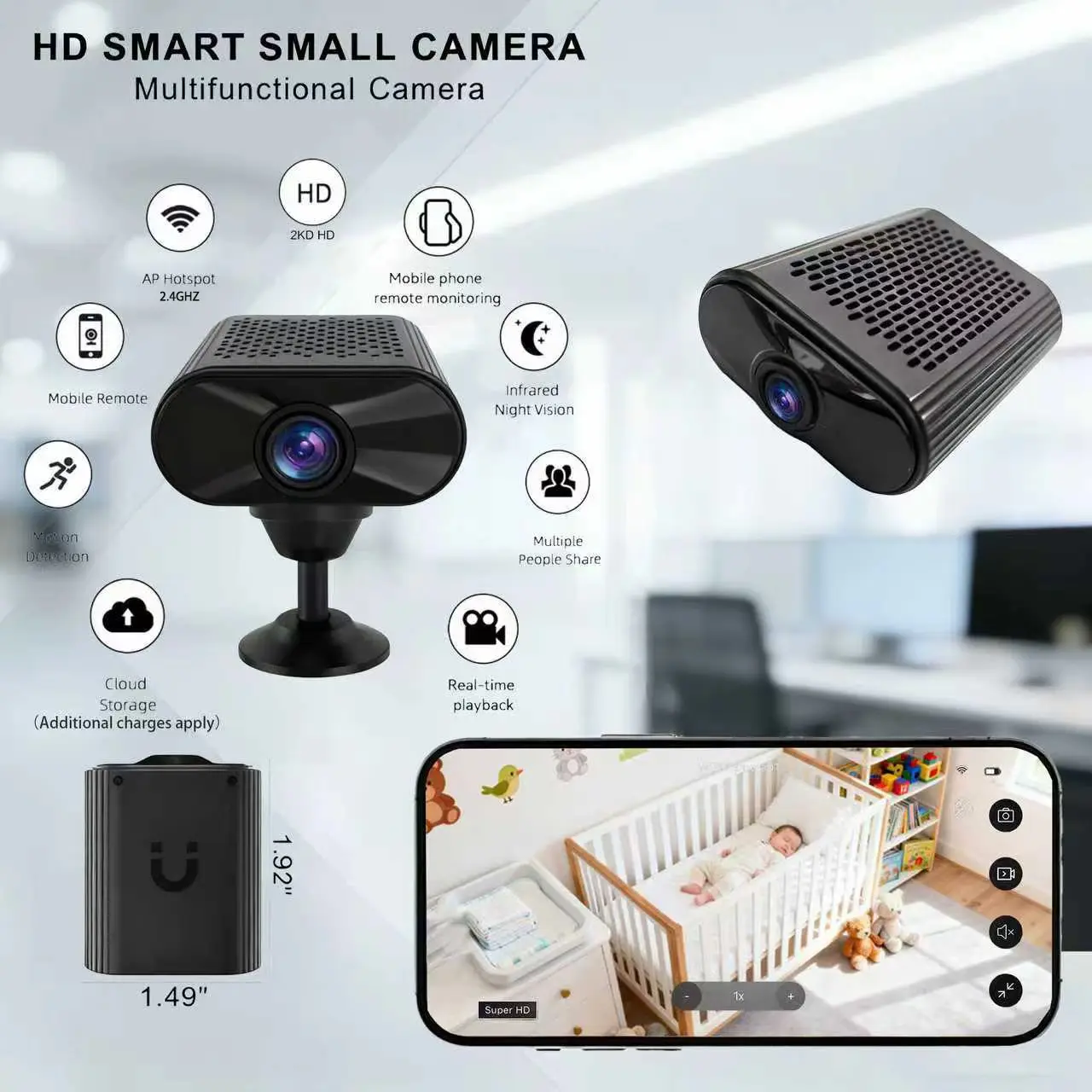 Mini Magnetic Surveillance Camera Wireless Wi-Fi Night Vision Motion Alarm for Home Office Warehouse Monitoring 1.5-hour Battery USB Powered 16/32GB Card Intelligent AI Motion Detection with iOS Android App Safety Safety, Magnetic Snap‑On, Wireless Wi‑Fi