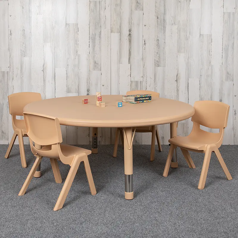 Flash Furniture YU-YCX-0053-2-ROUND-TBL-NAT-E-GG Height-Adjust 45 in. Round Plastic Activity Table Set with 4 Stackable Chairs, Natural Modern, 54 lbs, Lightweight Low-Maintenance, for Church Classroom, 3-6 Years Kids