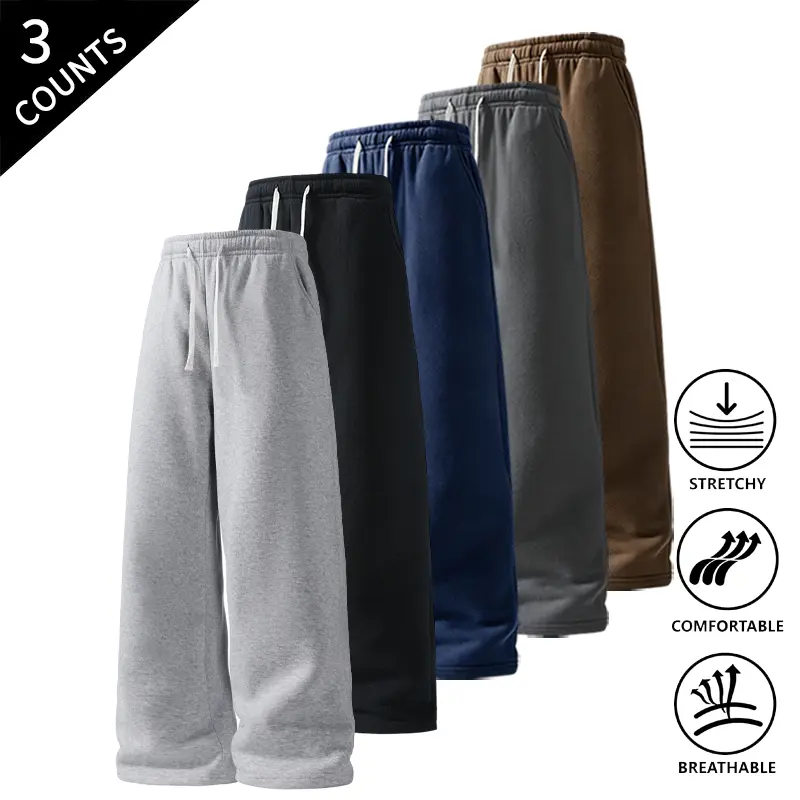 3-Pack Men’s Comfortable Straight-Leg Loungewear Pants, Elastic Drawstring Waist, Stretchable & Breathable, Loose-Fit Pants for Men