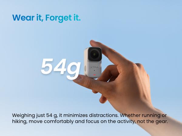 Xtra Atto Wearable 4K Action Camera, 54 g, Light and Compact, 1/1.3″ Sensor, 4K/60fps Video, 220‑Min Max Recording, 5-Min Pre-Recording, Built-in Stabilization, 128GB Storage, 600MB/s Fast Transfer