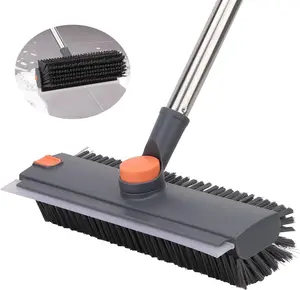 AIR U+ Floor Scrub Brush with Long Handle, 3 in 1 Scrape and Heavy-Duty Stiff Bristle Scrubber Brush for Cleaning Shower Bathroom, Patio, Pool, Garage, Kitchen, Wall and Deck.