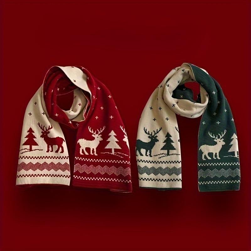 【Best Christmas Gift】Cubidupi Double-Sided 48-Fine Wool Christmas Scarf Reversible Knit with Reindeer & Snowflake Patterns for Holiday Warmth