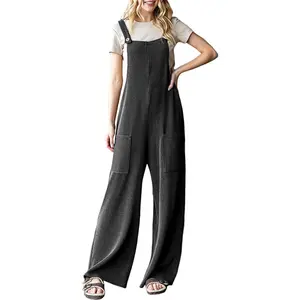 Women's Casual Loose Overalls Jumpsuits One Piece Sleeveless Wide Leg Long Pant Rompers With Pockets