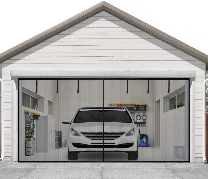 16x7FT High-Density Weave Fiberglass Magnetic Garage Door Screen, Heavy-Duty Breathable Insect Block Mesh Curtain with 6 Sewn-In Roll-Up Straps, Windproof Hands-Free Easy-Install Strong Adhesive Hook-Loop Tape, Black for 2-Car Garage Home Gyms, Wind Resis