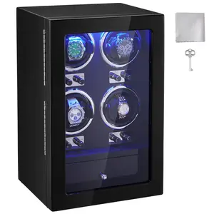VEVOR Watch Winder,  , Watch Winder for 4 Men's and Women's Automatic Watches, with 4 Super Quiet Japanese Mabuchi Motors, Blue LED Light and Adapter, High-Density Board Shell and Black PU