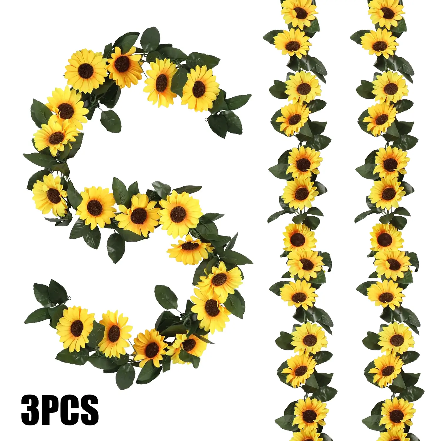 7.5ft 3-Piece Silk Yellow Artificial Sunflower Garland Kit, Decorative Festive Greenery Wall Hanging Vines, Ornaments for Garden, Home Table, Photos