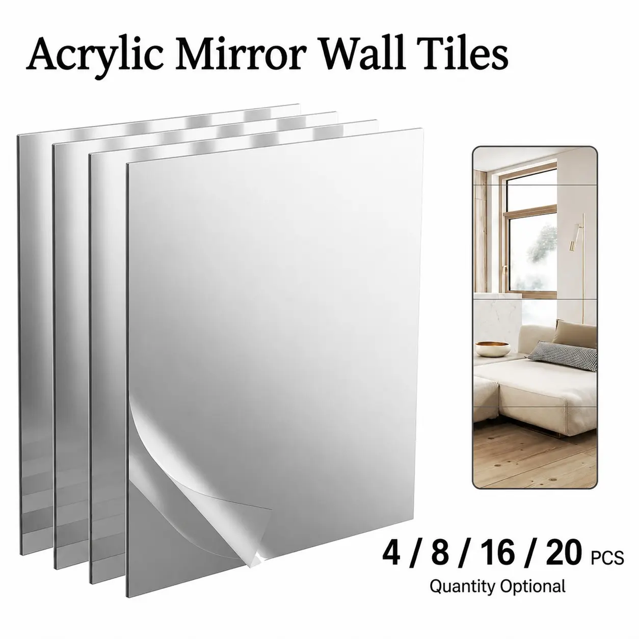 Acrylic Mirror Wall Tiles, 20×20cm/30×30cm, Self-Adhesive Flexible Frameless Design, Easy Installation, Perfect for Indoor Home Decoration, Bathroom Gym Yoga Studio Use,full body mirror,flexible mirror sheet, shatterproof mirror