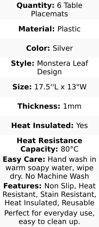 6-Pack Vinyl Dining Table Mats 18" Monstera Leaf Design Silver - Non-Slip Placemats