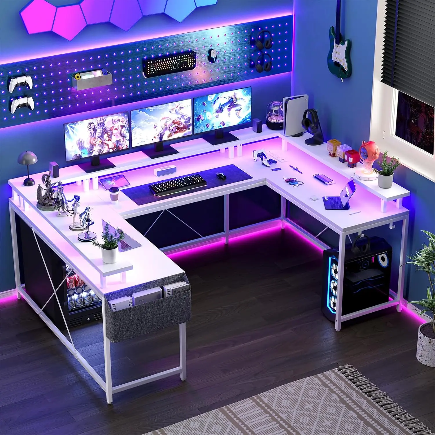 Garvee White Versatile U-Shaped Computer Desk with Power Outlets & RGB LED Lights – 78-Inch Reversible L-Shaped Office Desk with Monitor Stand & Ample Storage for Gaming and Work