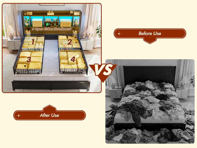 Raybee Modern Queen Bed Frame with 51" Tall Headboard, 9 Storage Compartments & 4 Drawers,  LED Platform Bed Frame with Charging Station,  Holds 1200LBS with Metal Frame  & Slats, No Noise, No Box Spring Needed,  Full, King, Black, Rustic Brown