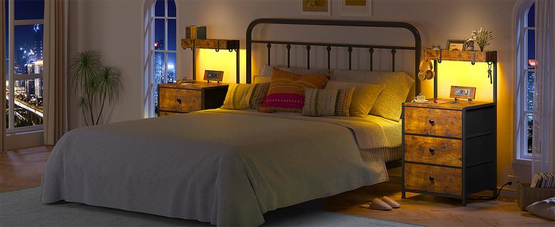 Raybee Tall Nightstand with Charging Station and Led Lights Nightstand with 3 Drawers and Shelves Bedside Table with USB Ports and Outlets, End Table for Bedroom, Side Table with 4 Hooks, Mini Drawer Dresser