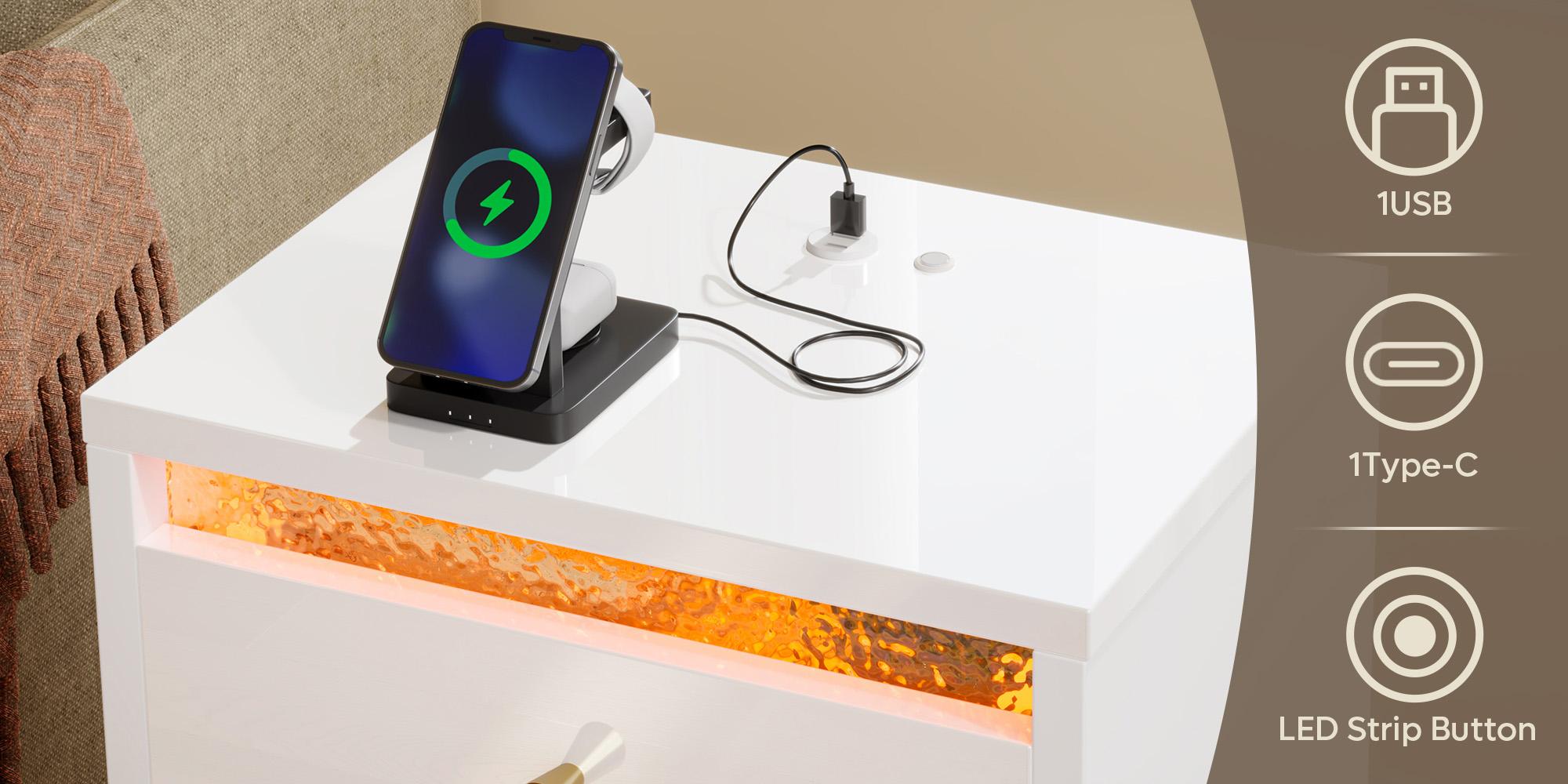 Pinmoco Set of 2 LED Nightstand with Charging Station, Modern Bedside Table with Drawer and Open Storage for Bedroom Pinmoco Set of 2 LED Nightstand with Charging Station, Modern Bedside Table with Drawer and Open Storage for Bedroom