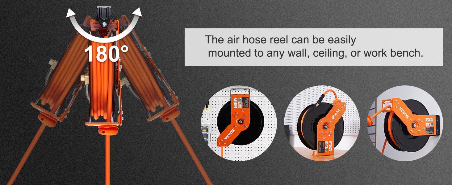 【Back to School】VEVOR Retractable Auto Rewind Air Hose Reel, 100 FT Kink-Free Hybrid Hose (300 PSI), 5 FT Lead-In, Ceiling/Wall Mount Heavy-Duty Single Arm Steel Reel with Double Stopper & Mount Included