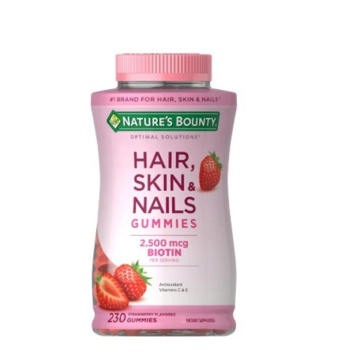 Nature's Bounty Hair Skin & Nails Gummies with 2500 mcg Biotin 230 Count Strawberry Flavor Antioxidant Vitamins C & E Edible Fitness Dietary Supplement for Beauty Healthcare Bathroom