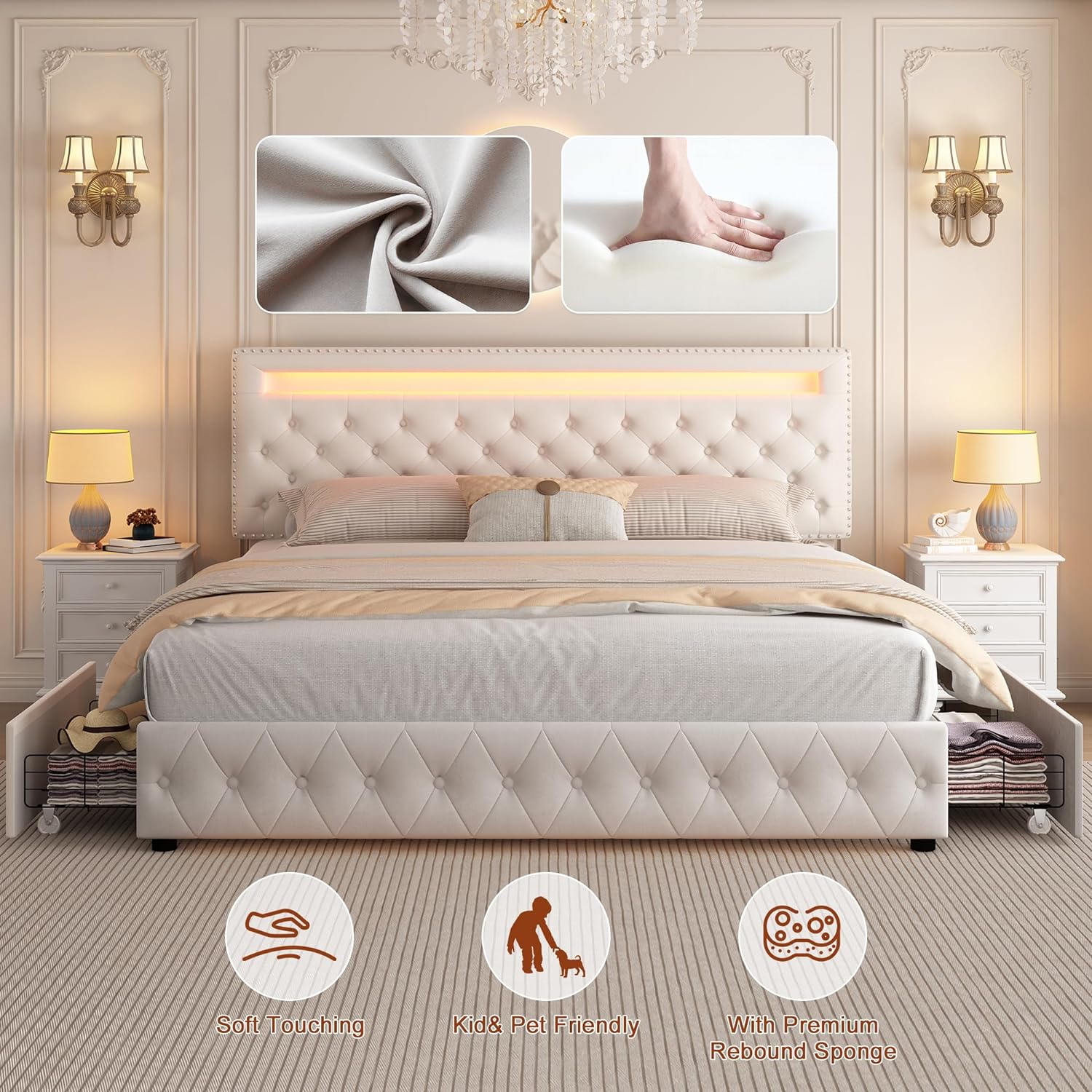 GEGOFORU Queen LED Storage Bed Frame with 4 Drawers, Smart RGBW Lights in Headboard & Footboard, App & Remote Control, Quiet Upholstered Platform Bed, Off-White PU / Velvet, No Box Spring Needed GEGOFORU Queen LED Storage Bed Frame with 4 Drawers, Smart RGBW Lights in Headboard & Footboard, App & Remote Control, Quiet Upholstered Platform Bed, Off-White PU / Velvet, No Box Spring Needed