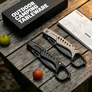 Foldable Portable EDC Outdoor Multi-Tool Utensil, Handmade Camping Cutlery with Damascus Steel Blade, Perfect Gift for Bushcraft Lovers