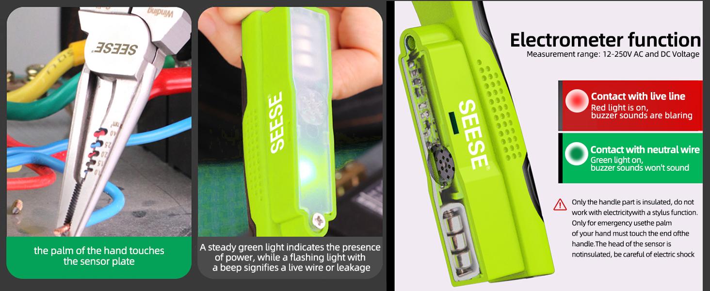 SEESE 8-in-1 Wire Stripper for Electrician, Needle Nose Pliers with Voltage Tester & Dual Alarms - Electrical Pliers for Cutting Wires, Pulling Wires and Crimp Wires