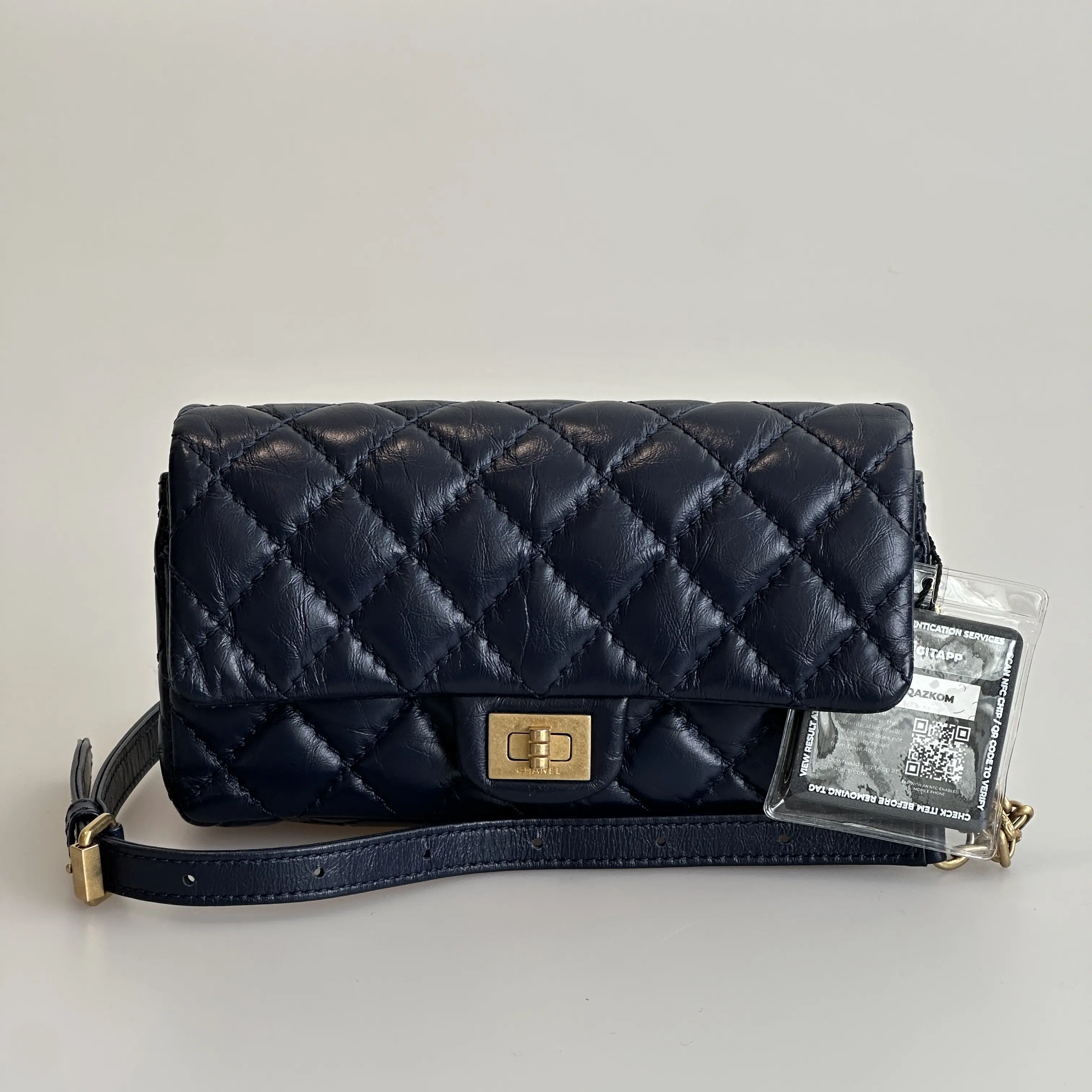 Pre-owned CHANEL Aged Calfskin Belt Bag 2.55 Reissue Mini Navy Blue Quilted Gold tone Clasp 79347718