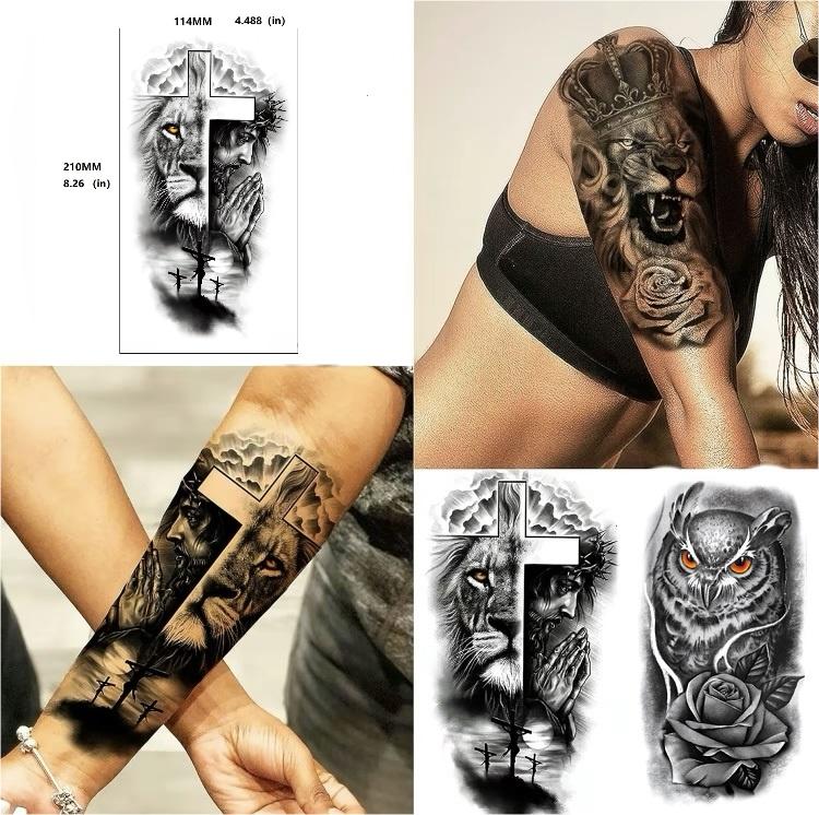 76 Sheets Large Black Temporary Tattoo Stickers - Tribal Wolves, Tigers, Lions, Snakes, Skulls, 12 Fake Tattoo Stickers for Men & Women Arm Designs