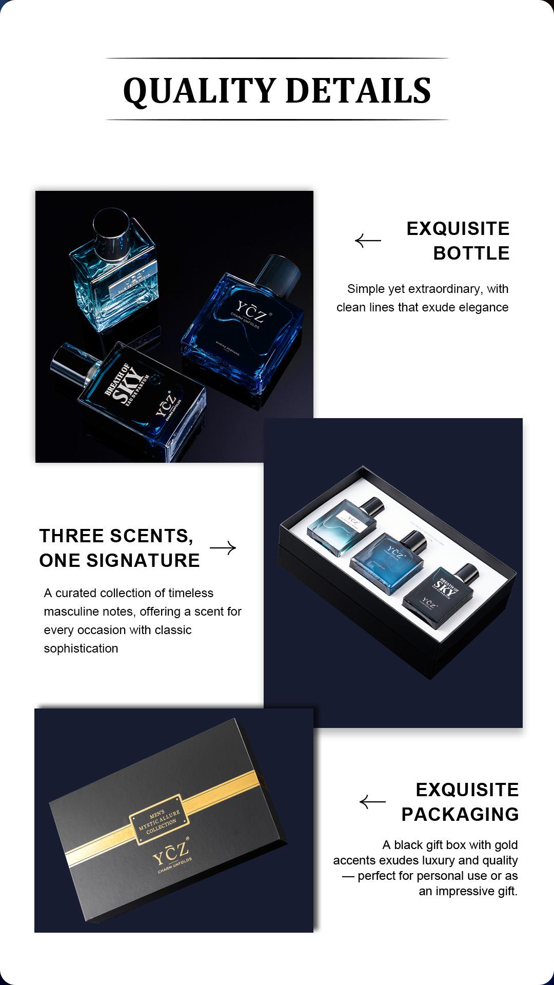 YCZ Men's Mystic Allure Collection Fragrance Set YCZ Marine Eau De Cologne Club Cologne Breath of Sky Cologne Fruity Rose Amber Notes Gift Box Packaging Long Lasting Light Scent Masterpiece Trio Signature Scents