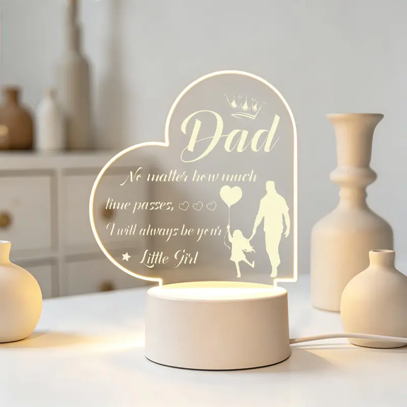 Heart Shape 2D Flat Acrylic LED Night Light for Dad, Engraved Daughter Dad Quote Desk Lamp, I Will Always Be Your Little Girl Table Decor, Christmas Thanksgiving Father's Day Sentimental Gift for Dad from Daughter Bedroom Bedside Ornament